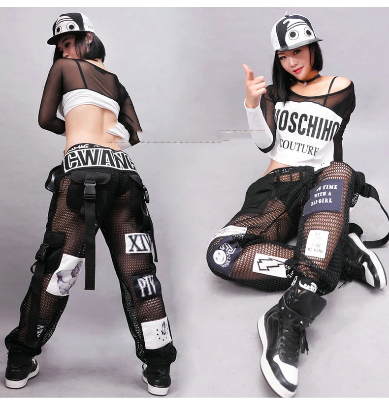Jazz Dance Costumes Fashion Sexy Mesh Pants Hip Hop Clothing Adult Street Dancing Trousers Nightclub Modern Stage Outfit