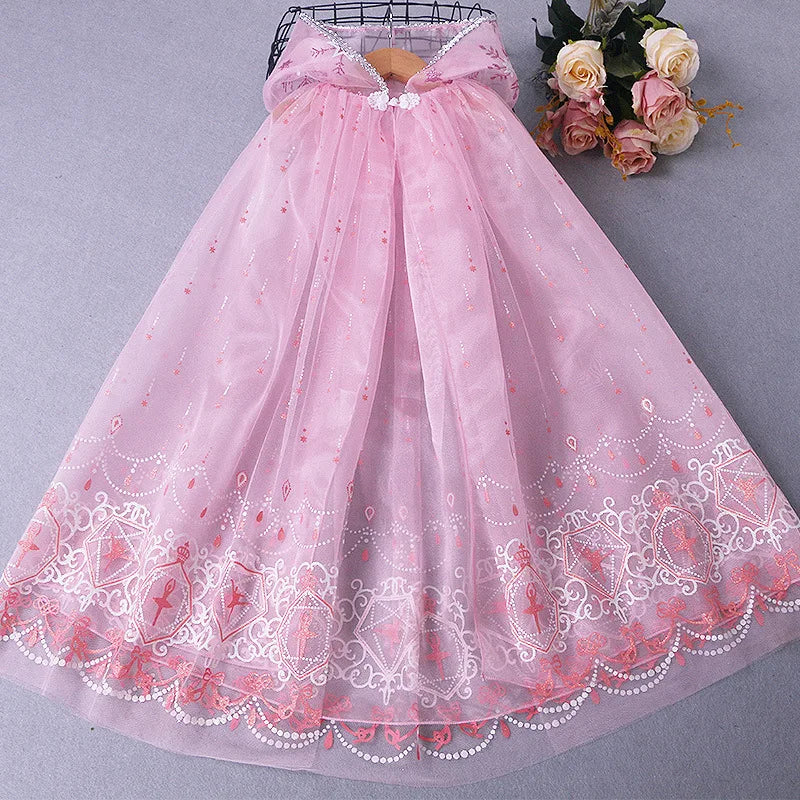 Girl Princess Cloak Children Sequin Mesh Hooded Cape Elsa Rapunzel Costume Halloween Birthday Party Clothing
