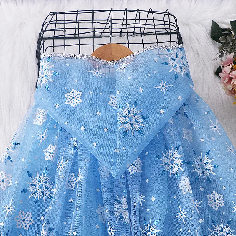 Girl Princess Cloak Children Sequin Mesh Hooded Cape Elsa Rapunzel Costume Halloween Birthday Party Clothing