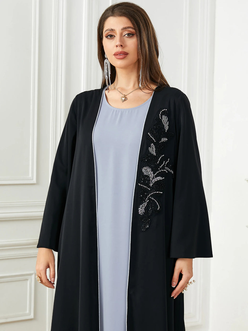 2024 New Saudi Arab Casual Loose Black Floral Beading Draped Open Kimono Abaya Jalabiyat Moroccan Turkish Borka Women Clothing