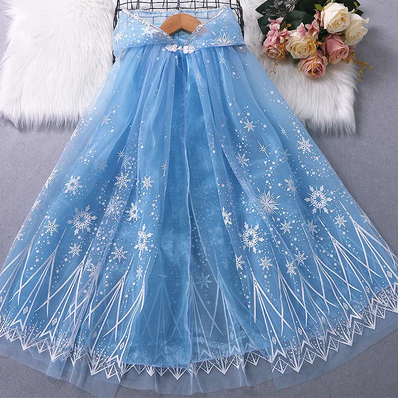 Girl Princess Cloak Children Sequin Mesh Hooded Cape Elsa Rapunzel Costume Halloween Birthday Party Clothing
