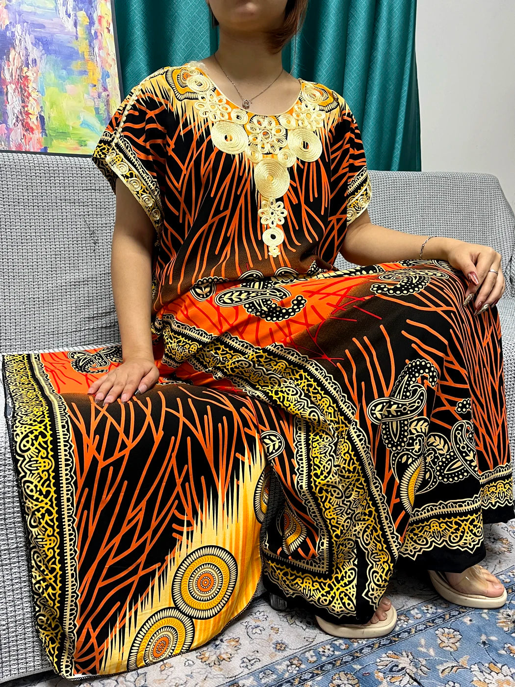 Abayas For Women 2024 New Print Appliques Cotton Traditional Kanga Clothing Loose Femme Robe African Ngeria Dresses With Turban