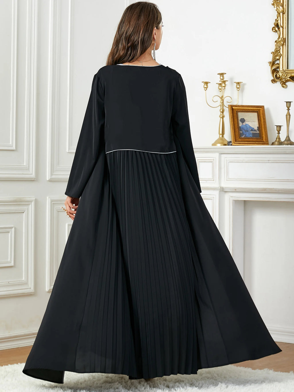 2024 New Saudi Arab Casual Loose Black Floral Beading Draped Open Kimono Abaya Jalabiyat Moroccan Turkish Borka Women Clothing