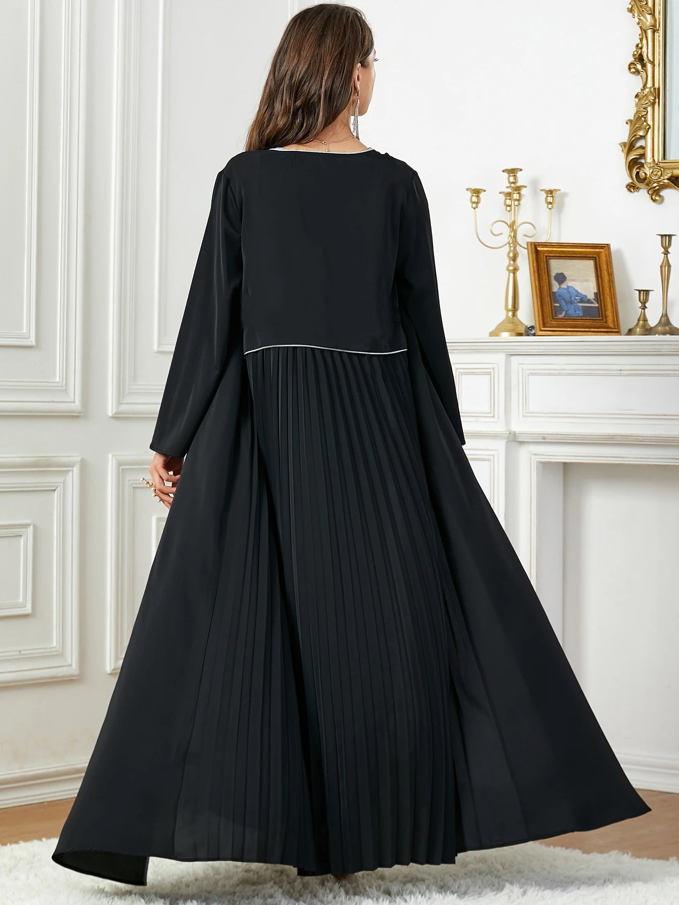 2024 New Saudi Arab Casual Loose Black Floral Beading Draped Open Kimono Abaya Jalabiyat Moroccan Turkish Borka Women Clothing