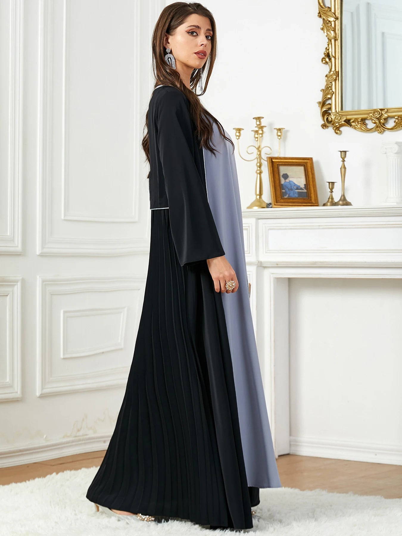 2024 New Saudi Arab Casual Loose Black Floral Beading Draped Open Kimono Abaya Jalabiyat Moroccan Turkish Borka Women Clothing
