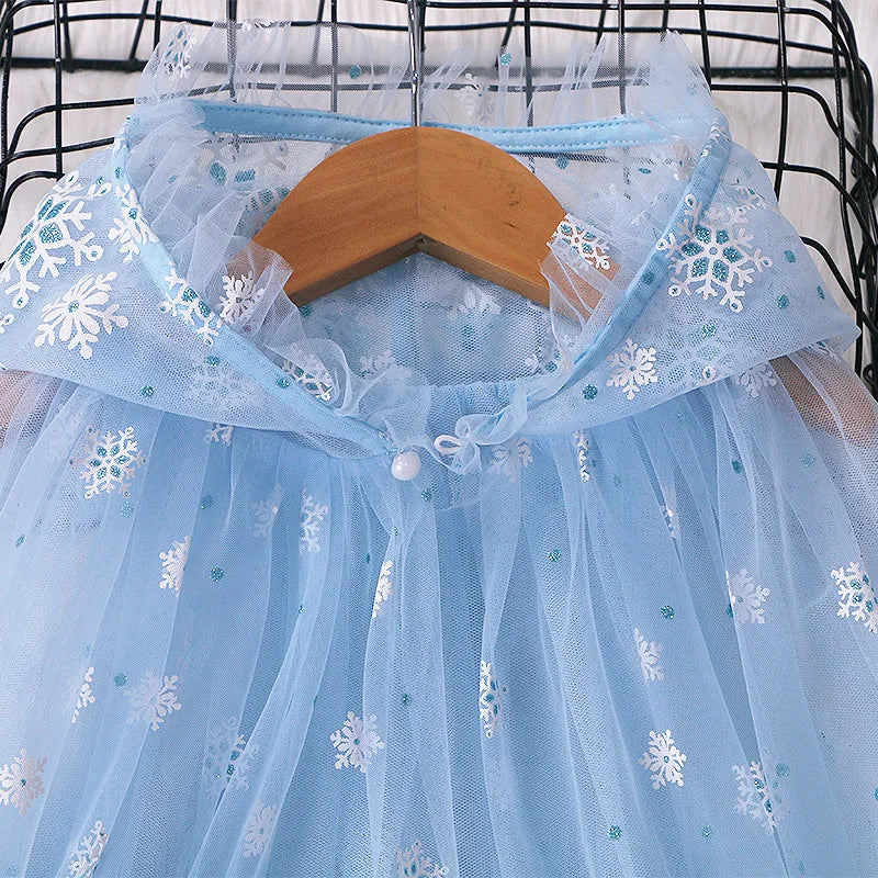 Girl Princess Cloak Children Sequin Mesh Hooded Cape Elsa Rapunzel Costume Halloween Birthday Party Clothing