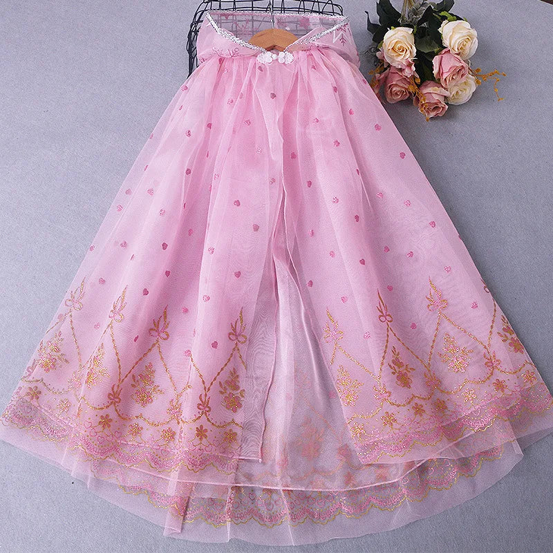 Girl Princess Cloak Children Sequin Mesh Hooded Cape Elsa Rapunzel Costume Halloween Birthday Party Clothing