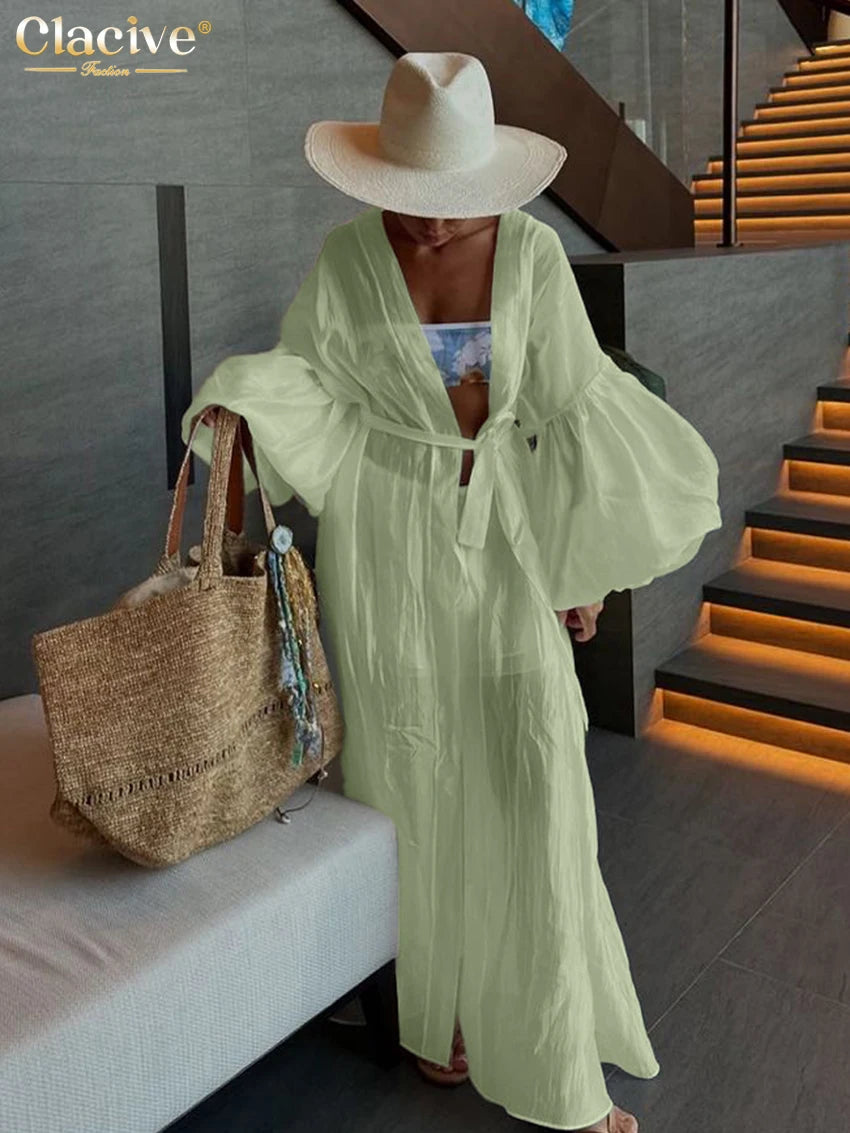 Clacive Casual Loose White 2 Piece Sets Women Outfit 2025 Elegant Long Sleeve Robes With Mid Waist Shorts Set Female Clothing