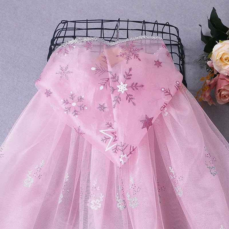 Girl Princess Cloak Children Sequin Mesh Hooded Cape Elsa Rapunzel Costume Halloween Birthday Party Clothing