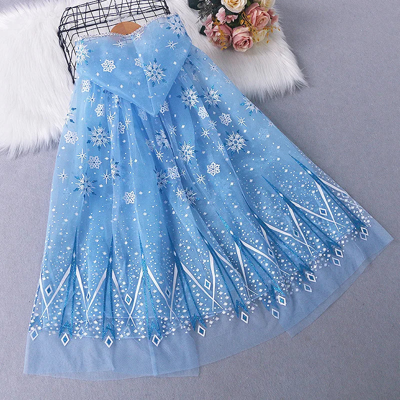 Girl Princess Cloak Children Sequin Mesh Hooded Cape Elsa Rapunzel Costume Halloween Birthday Party Clothing