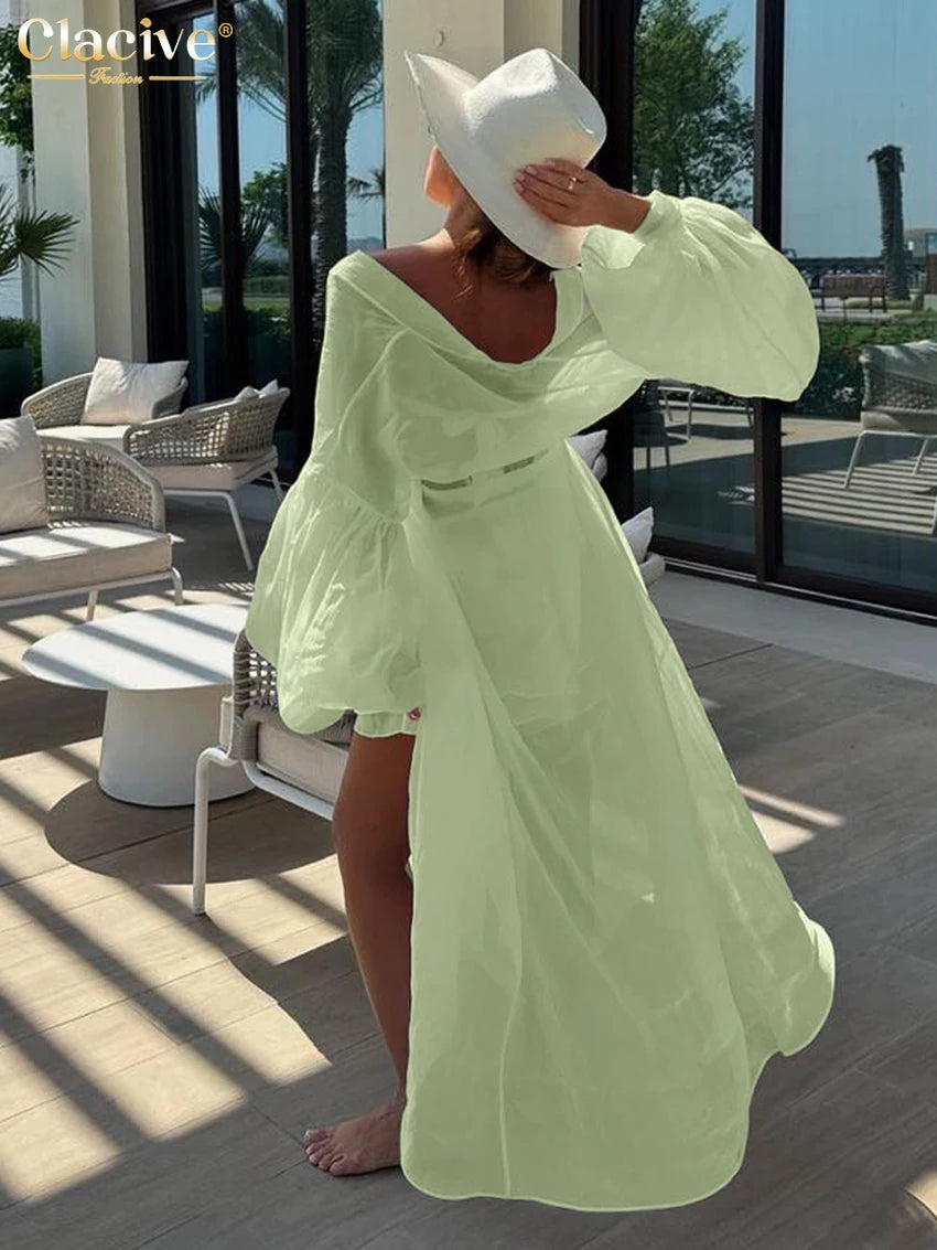 Clacive Casual Loose White 2 Piece Sets Women Outfit 2025 Elegant Long Sleeve Robes With Mid Waist Shorts Set Female Clothing