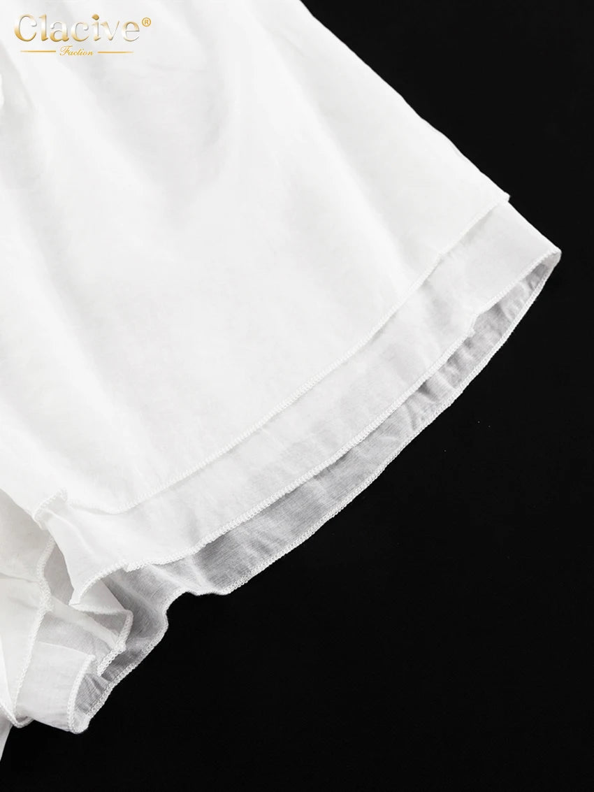 Clacive Casual Loose White 2 Piece Sets Women Outfit 2025 Elegant Long Sleeve Robes With Mid Waist Shorts Set Female Clothing