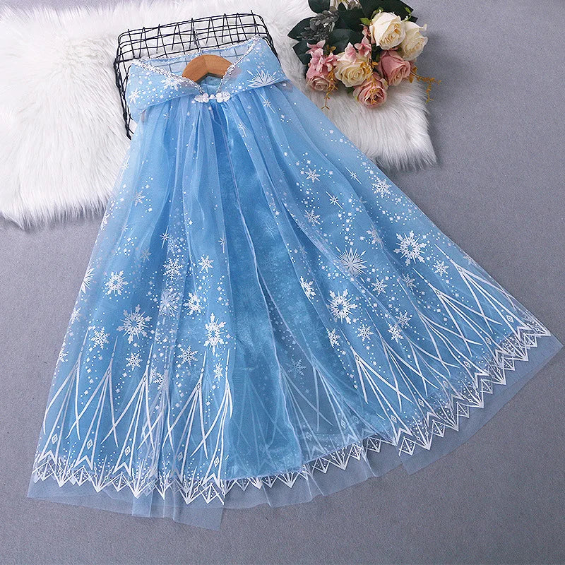 Girl Princess Cloak Children Sequin Mesh Hooded Cape Elsa Rapunzel Costume Halloween Birthday Party Clothing