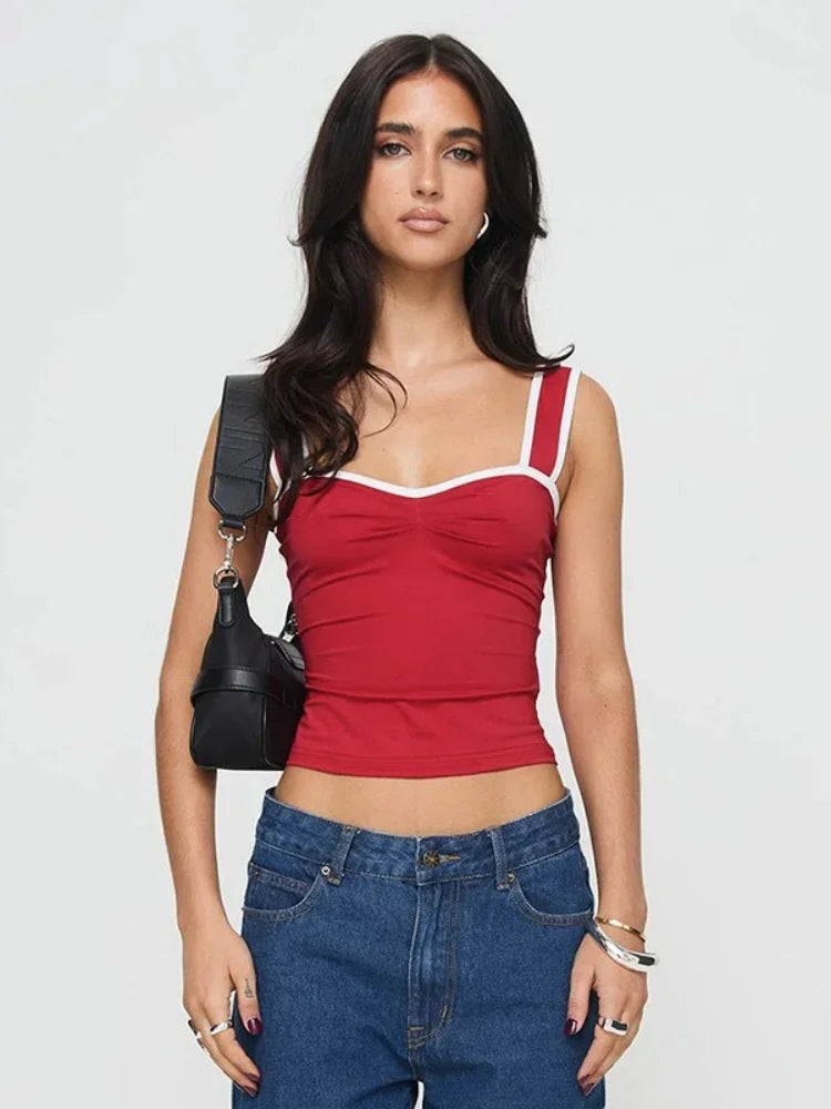 Casual Streetwear Contrast Binding Halter Tops Women Clothing Square Collar Camison Verano Shirring Strap Corset Y2k Accessories