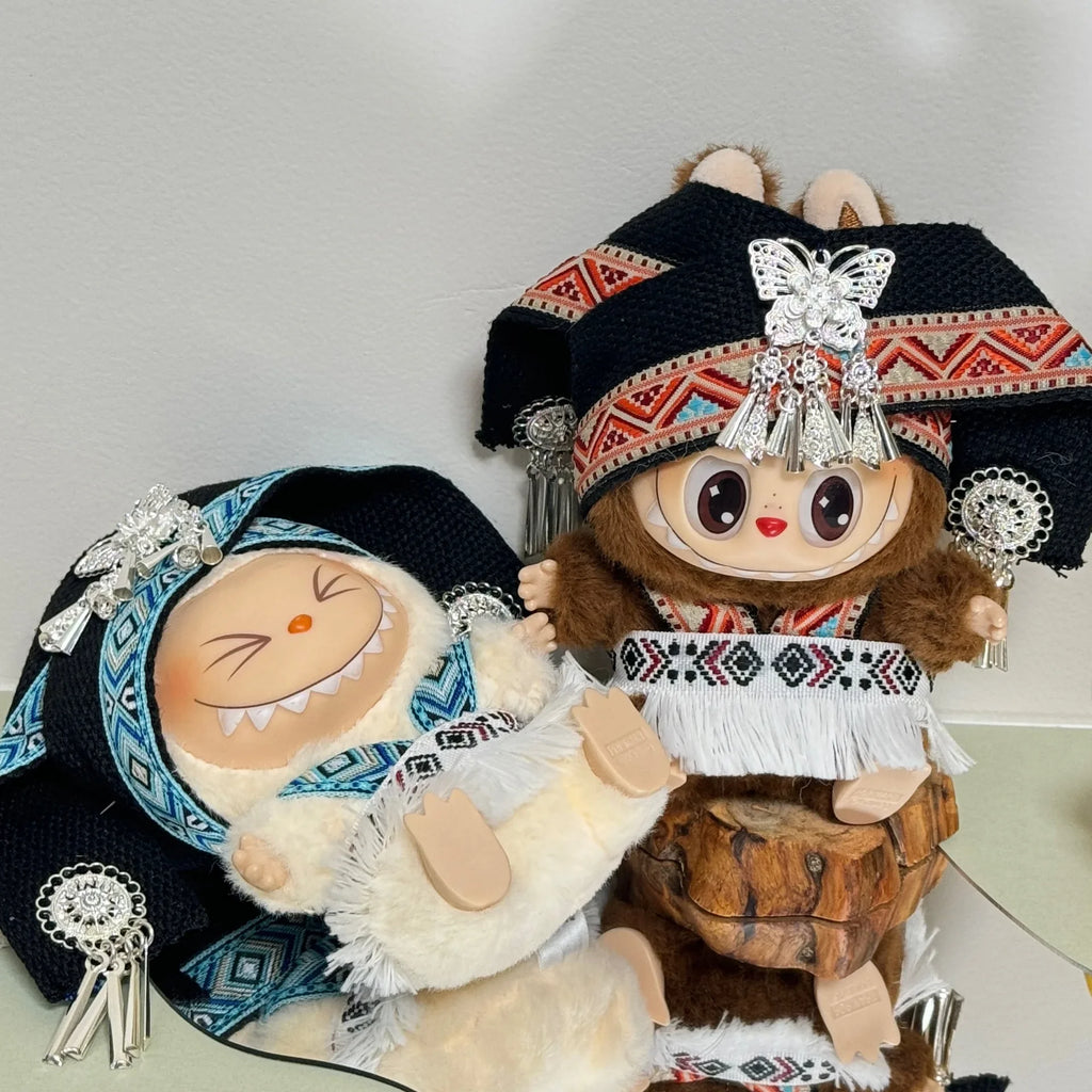 For Labubu Clothes Doll Accessories Zhuang Ethnic Clothing Headwear for Labubu V2 V1 Doll Clothing Cute Striped Cosplay Dress