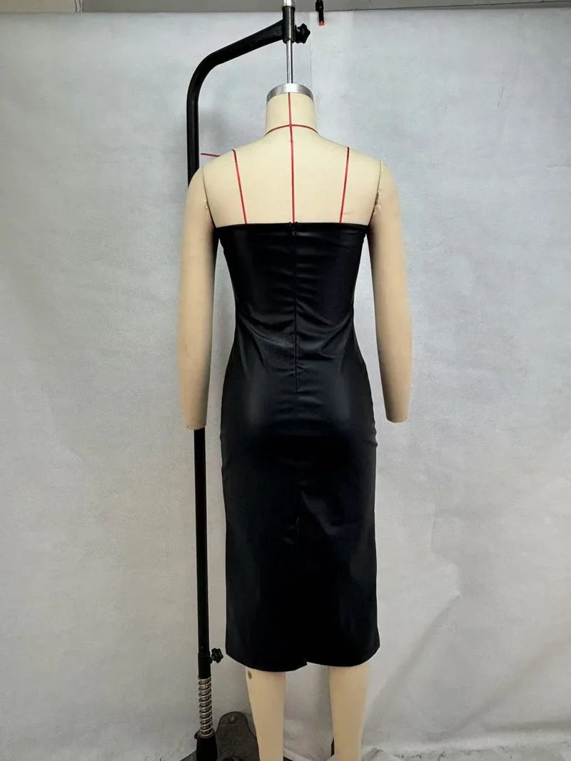 American women's clothing  autumn winter sexy tube top dress PU leather solid color temperament skirt split ends slim fit