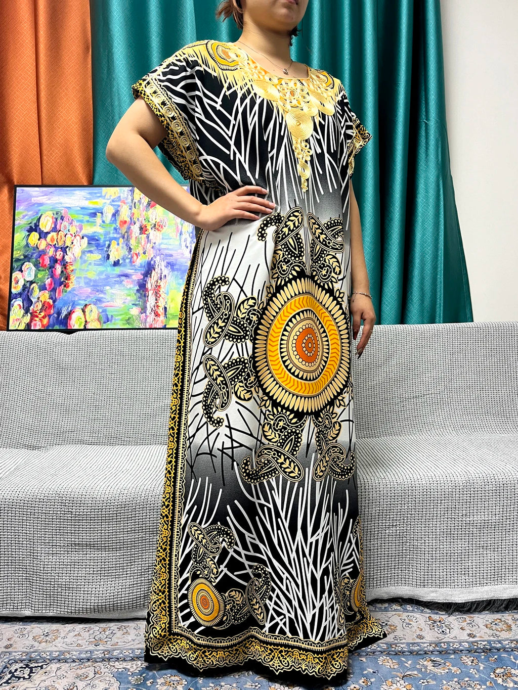 Abayas For Women 2024 New Print Appliques Cotton Traditional Kanga Clothing Loose Femme Robe African Ngeria Dresses With Turban
