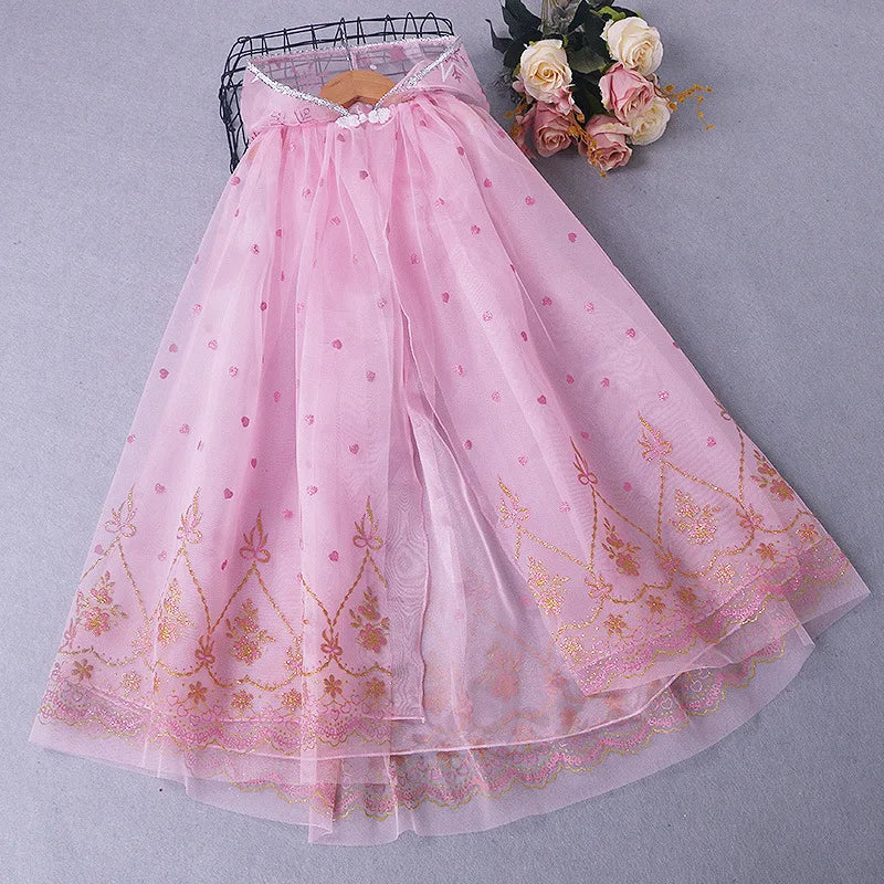 Girl Princess Cloak Children Sequin Mesh Hooded Cape Elsa Rapunzel Costume Halloween Birthday Party Clothing