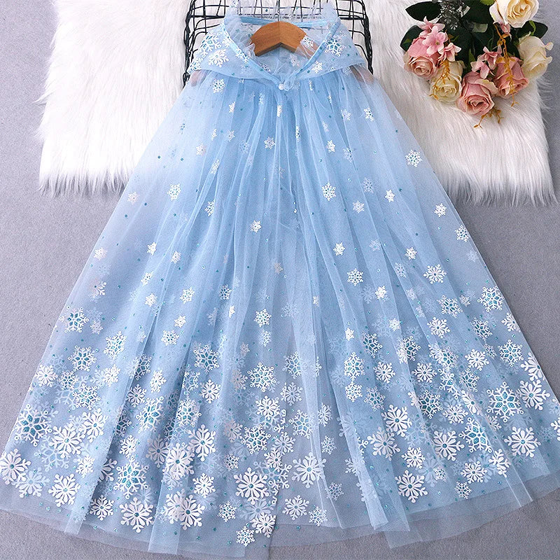 Girl Princess Cloak Children Sequin Mesh Hooded Cape Elsa Rapunzel Costume Halloween Birthday Party Clothing