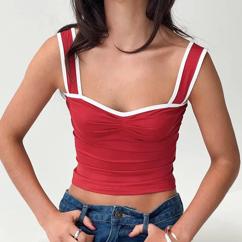 Casual Streetwear Contrast Binding Halter Tops Women Clothing Square Collar Camison Verano Shirring Strap Corset Y2k Accessories
