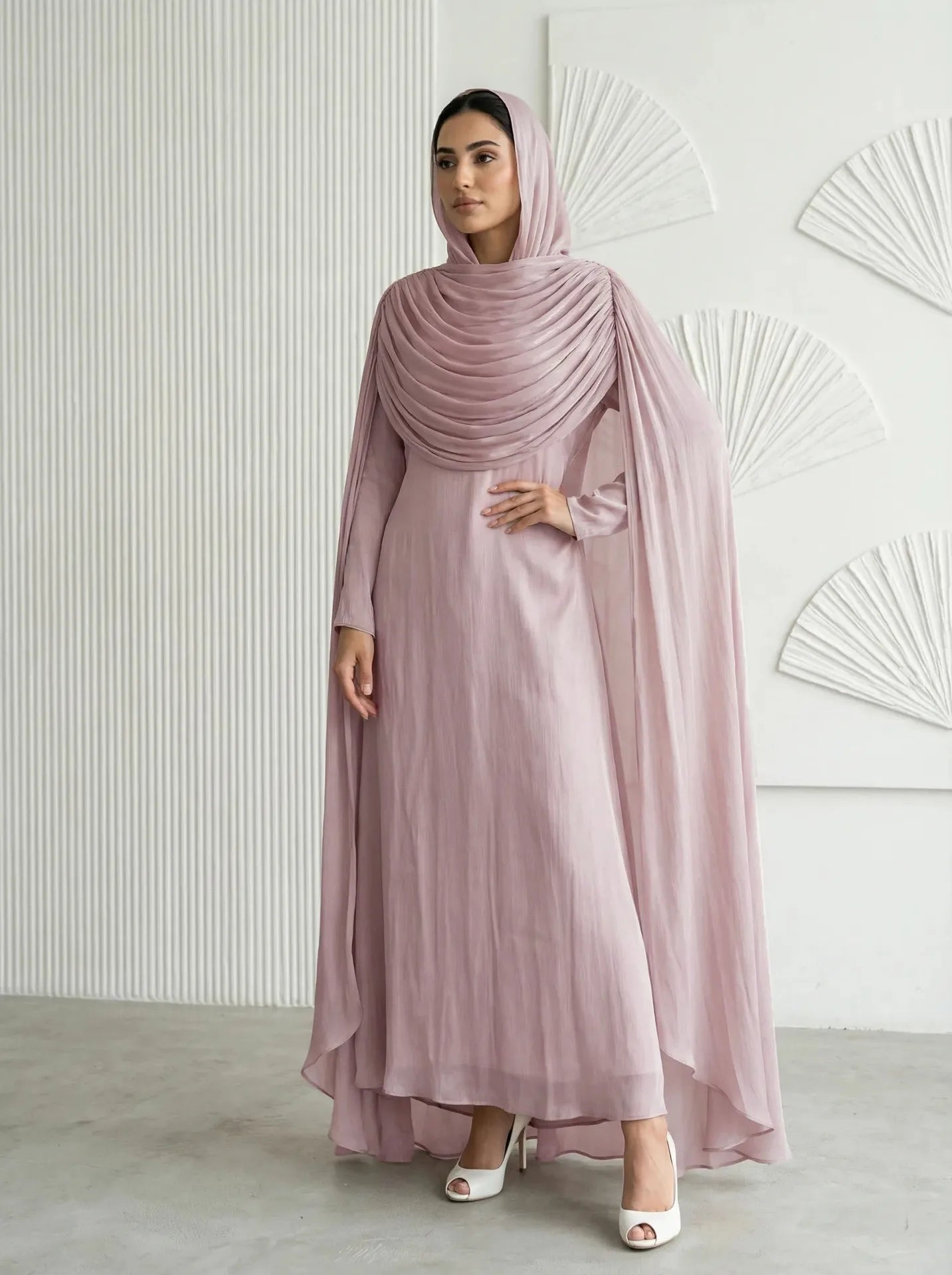 Ramadan Pleated Jalabiya Dubai Abaya Cloak Cape Evening Dresses for Women Muslim Hijab Set Turkey Kaftan Djellaba Islam Clothing