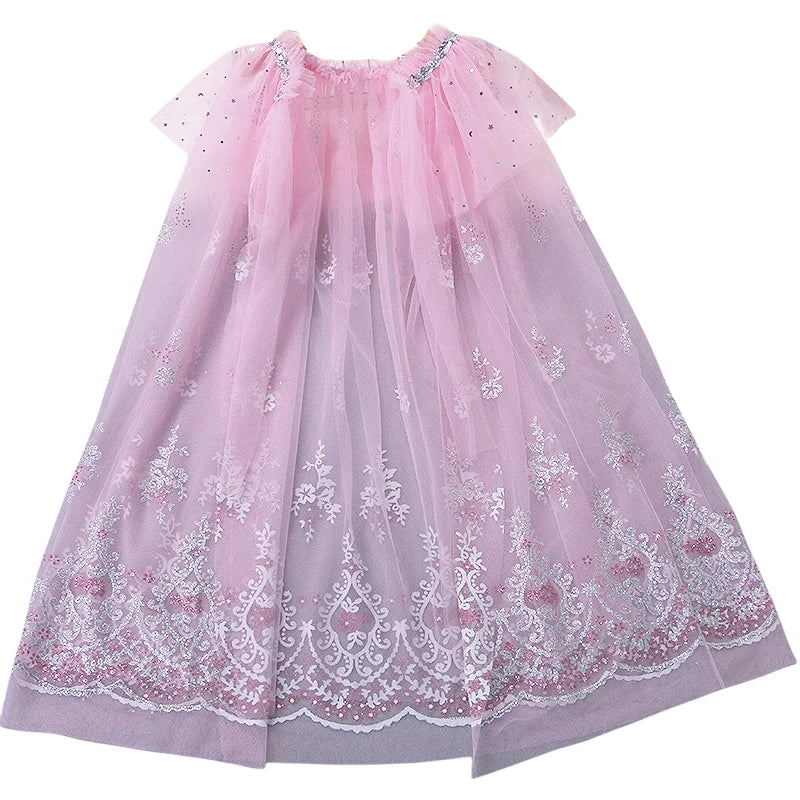 Girl Princess Cloak Children Sequin Mesh Hooded Cape Elsa Rapunzel Costume Halloween Birthday Party Clothing