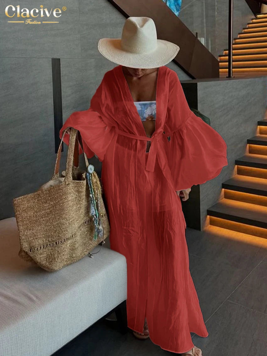 Clacive Casual Loose White 2 Piece Sets Women Outfit 2025 Elegant Long Sleeve Robes With Mid Waist Shorts Set Female Clothing