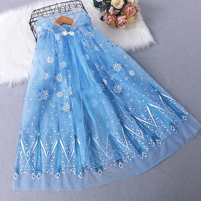 Girl Princess Cloak Children Sequin Mesh Hooded Cape Elsa Rapunzel Costume Halloween Birthday Party Clothing
