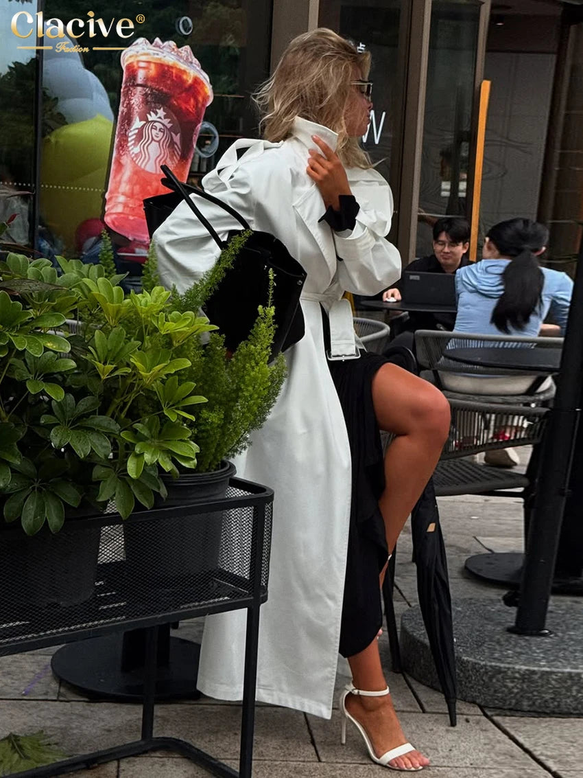 Clacive Fashion Loose White Women's Trench Coat 2025 Winter Lapel Long Sleeve Coats Elegant Classic Belt Top Female Clothing
