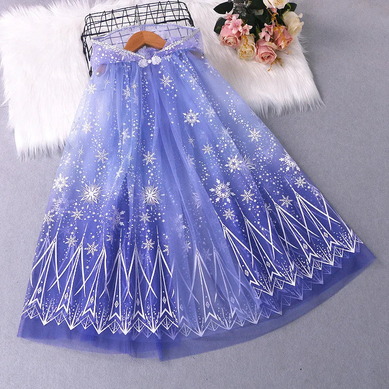Girl Princess Cloak Children Sequin Mesh Hooded Cape Elsa Rapunzel Costume Halloween Birthday Party Clothing
