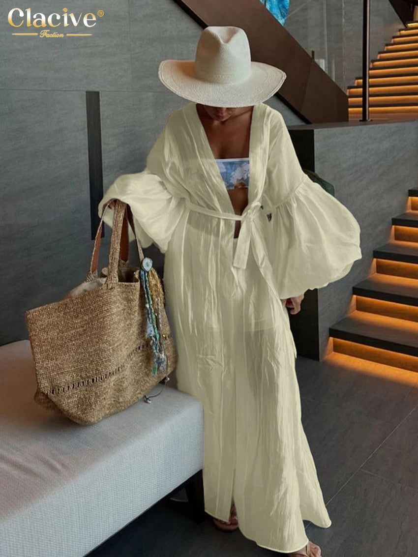 Clacive Casual Loose White 2 Piece Sets Women Outfit 2025 Elegant Long Sleeve Robes With Mid Waist Shorts Set Female Clothing