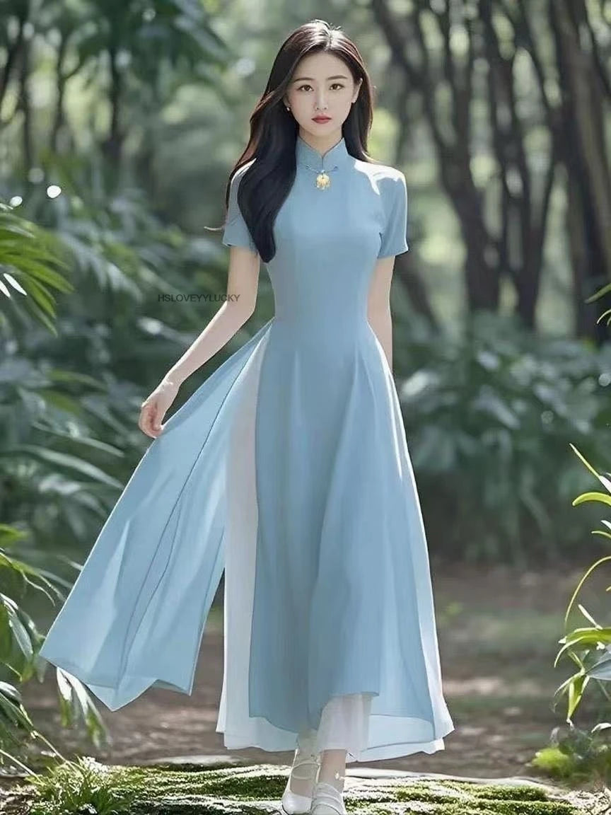 Women Aodai Vetnam Clothing Long Cheongsam Aodai Vietnamese Traditionally Dress Women Graceful Qipao Chiffon Ao Dai Dress