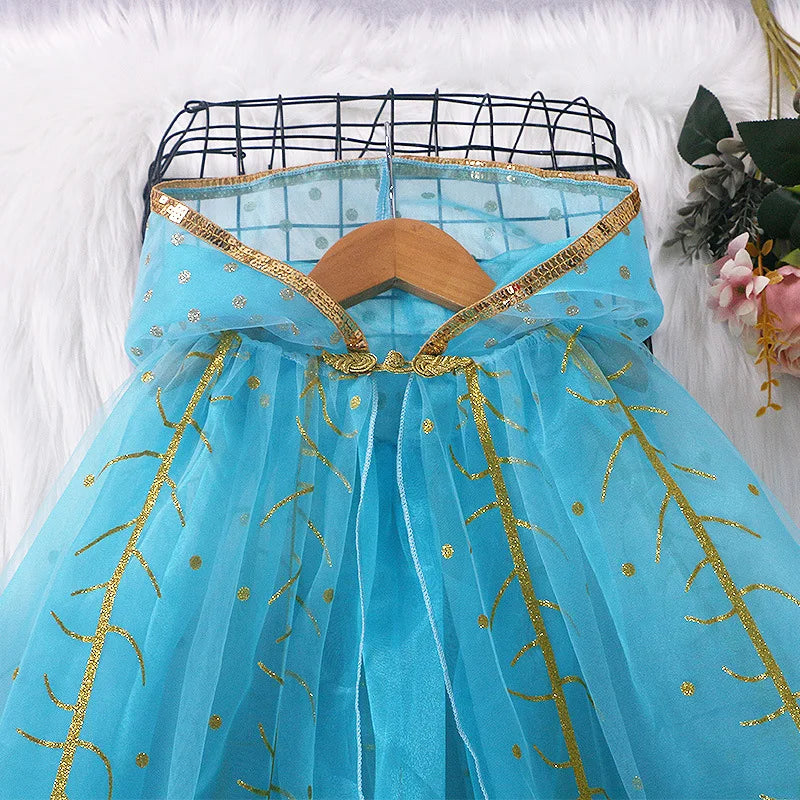 Girl Princess Cloak Children Sequin Mesh Hooded Cape Elsa Rapunzel Costume Halloween Birthday Party Clothing