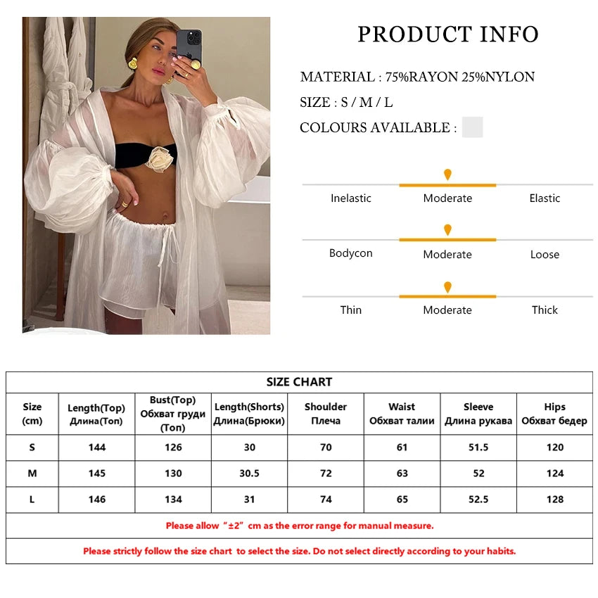 Clacive Casual Loose White 2 Piece Sets Women Outfit 2025 Elegant Long Sleeve Robes With Mid Waist Shorts Set Female Clothing
