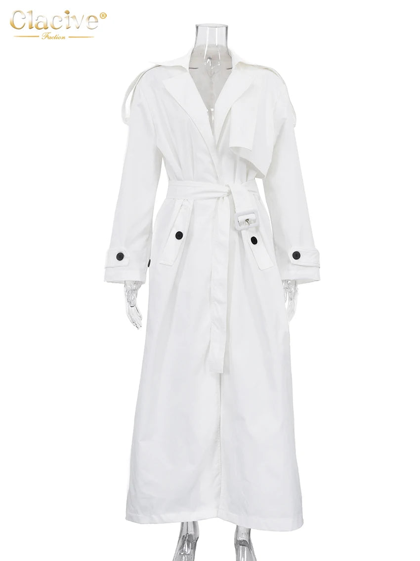 Clacive Fashion Loose White Women's Trench Coat 2025 Winter Lapel Long Sleeve Coats Elegant Classic Belt Top Female Clothing