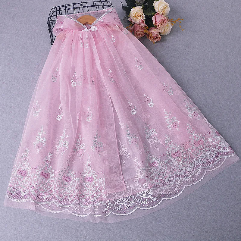 Girl Princess Cloak Children Sequin Mesh Hooded Cape Elsa Rapunzel Costume Halloween Birthday Party Clothing