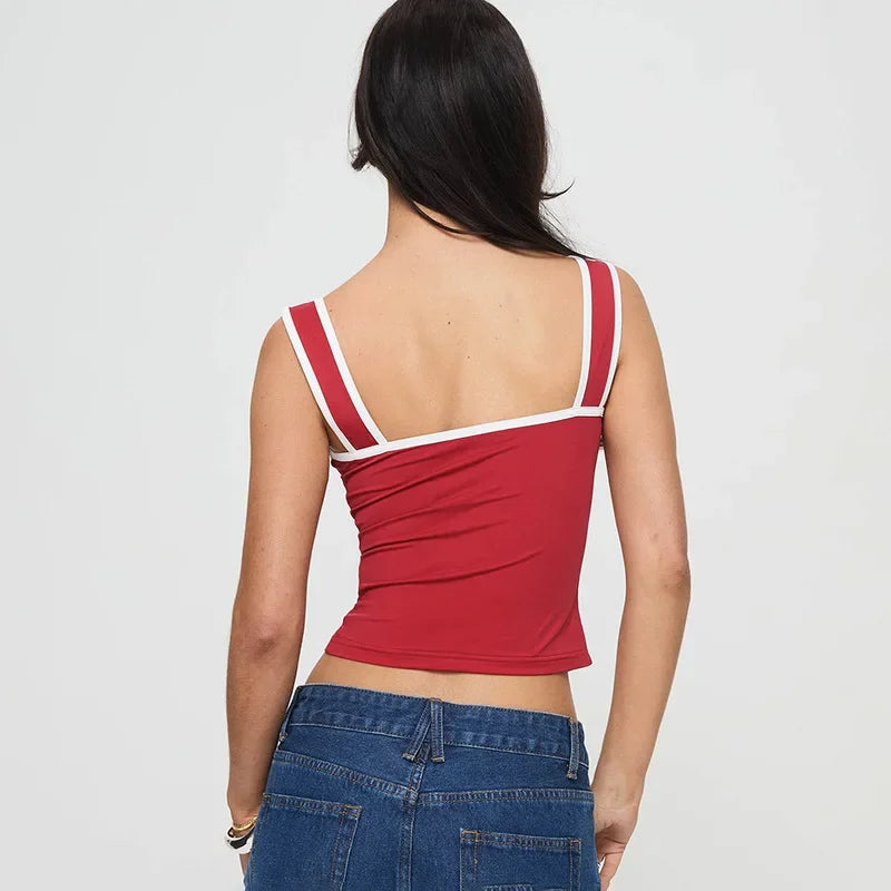 Casual Streetwear Contrast Binding Halter Tops Women Clothing Square Collar Camison Verano Shirring Strap Corset Y2k Accessories