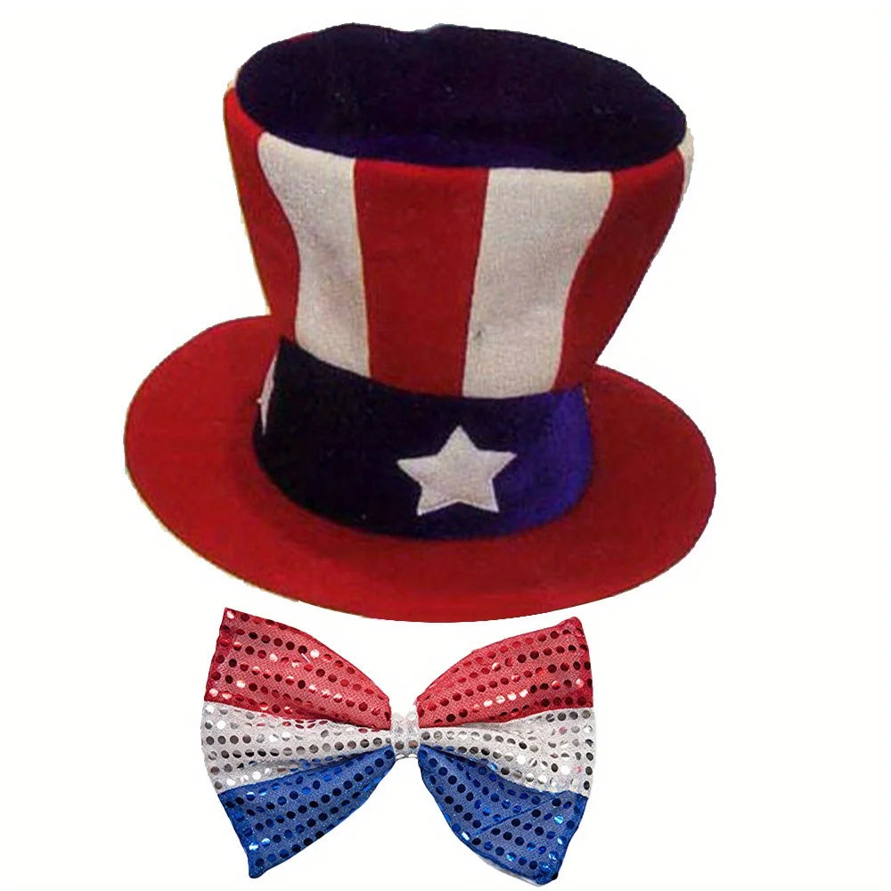 Holiday clothing accessories include Uncle Sam hat and bow tie top hat Flag clothing Patriotic accessories party party wear