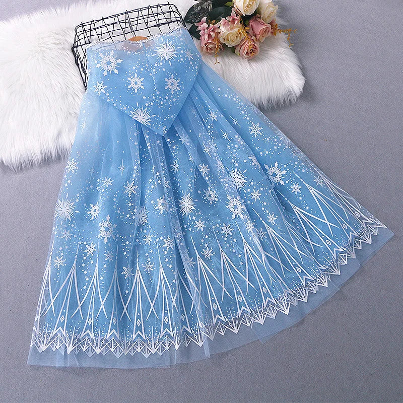 Girl Princess Cloak Children Sequin Mesh Hooded Cape Elsa Rapunzel Costume Halloween Birthday Party Clothing
