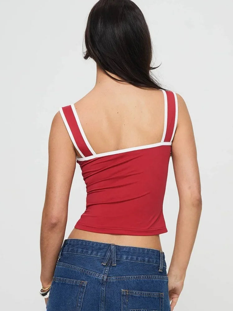 Casual Streetwear Contrast Binding Halter Tops Women Clothing Square Collar Camison Verano Shirring Strap Corset Y2k Accessories