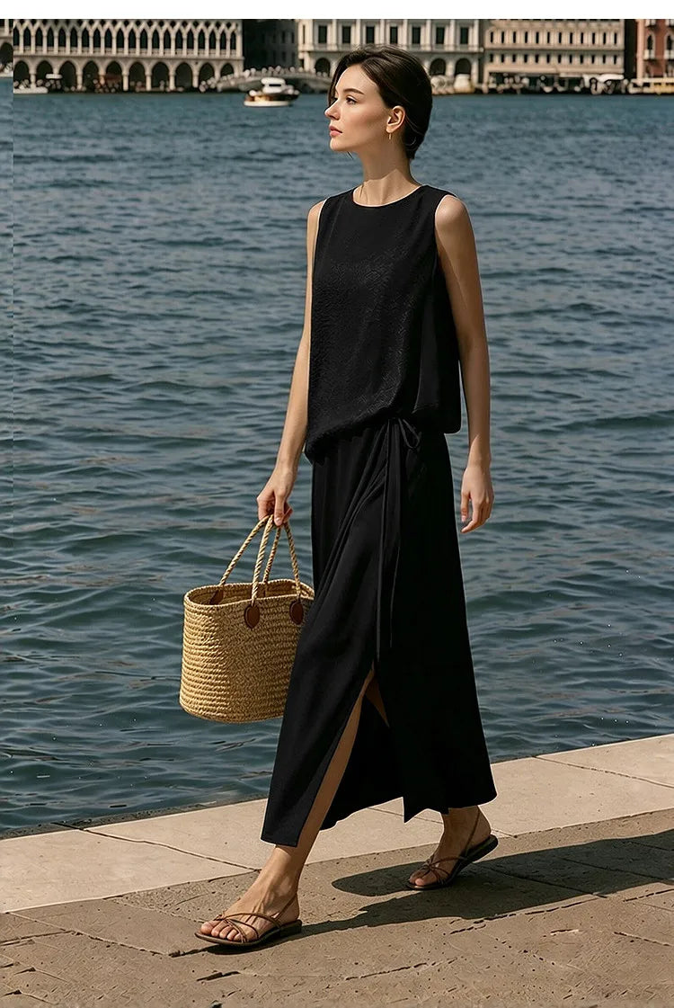 Amii Women's Dress 2026 Summer New Acetate Tie Loose Long Dresses For Women Casual Chiffon Patchwork Women's Clothing 12642163