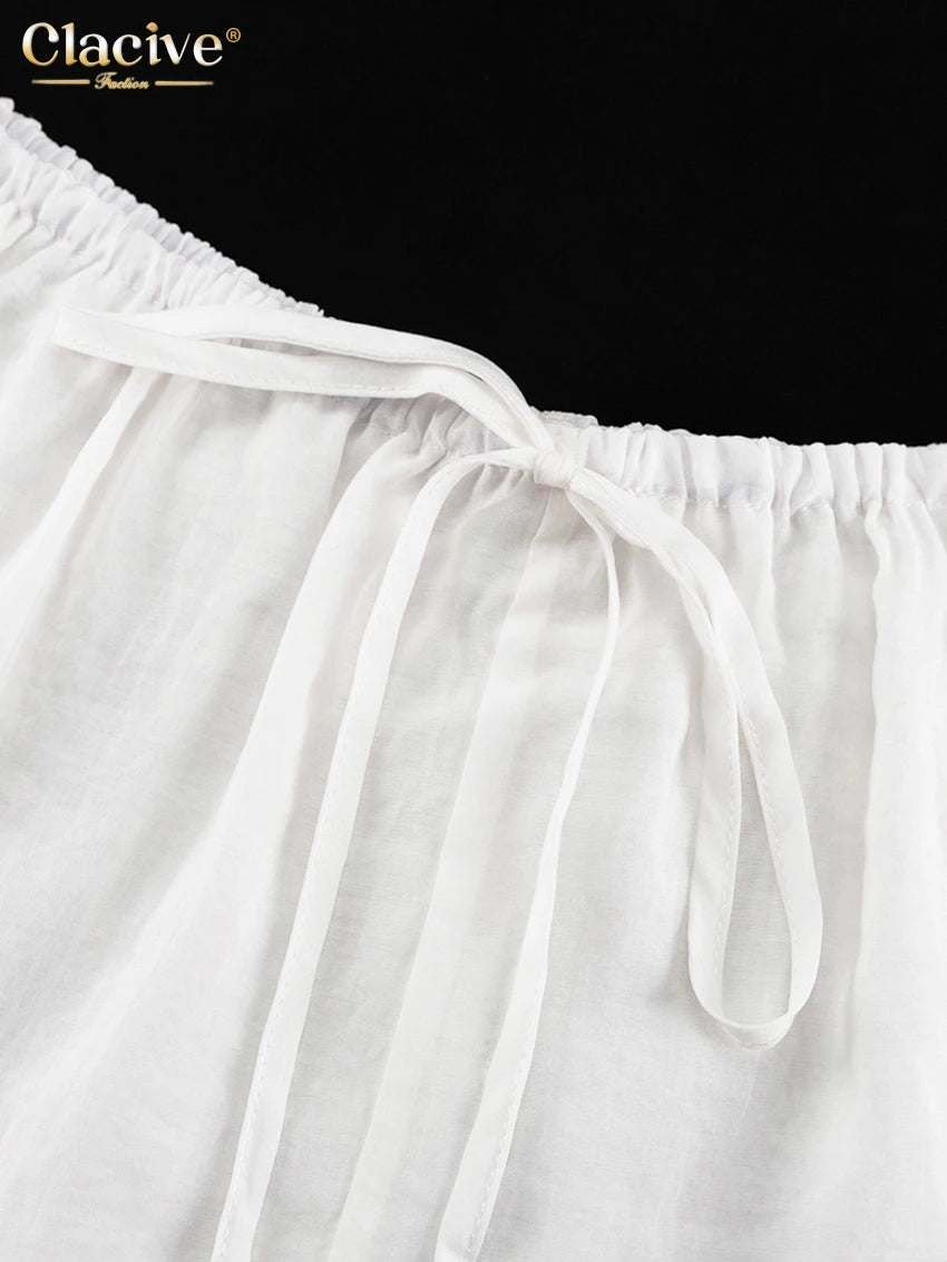 Clacive Casual Loose White 2 Piece Sets Women Outfit 2025 Elegant Long Sleeve Robes With Mid Waist Shorts Set Female Clothing