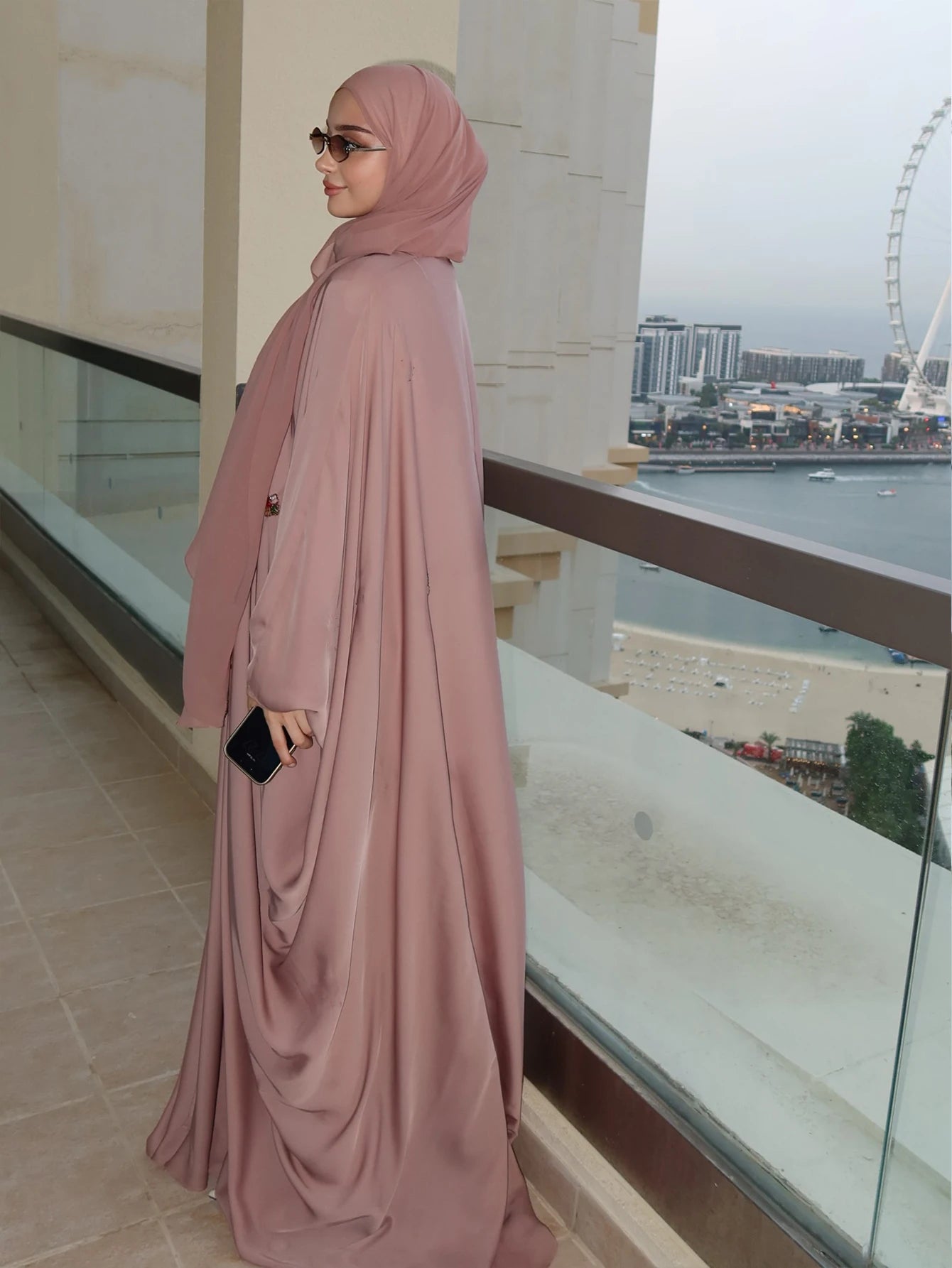 Women's Elegant Islamic Clothing, Pink Embroidered Robe, Loose Batwing Sleeve Arab Abaya