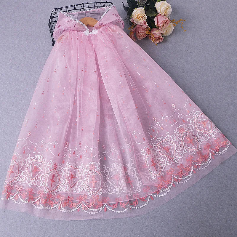 Girl Princess Cloak Children Sequin Mesh Hooded Cape Elsa Rapunzel Costume Halloween Birthday Party Clothing