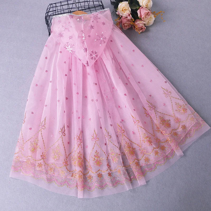 Girl Princess Cloak Children Sequin Mesh Hooded Cape Elsa Rapunzel Costume Halloween Birthday Party Clothing