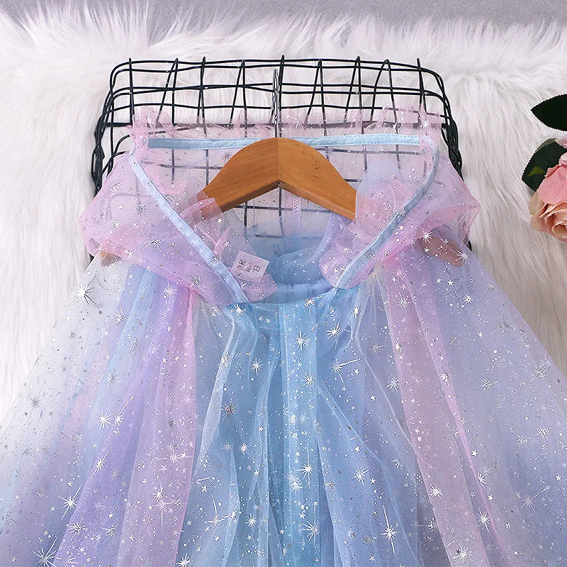 Girl Princess Cloak Children Sequin Mesh Hooded Cape Elsa Rapunzel Costume Halloween Birthday Party Clothing
