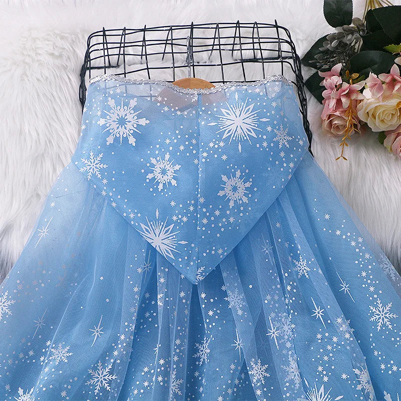 Girl Princess Cloak Children Sequin Mesh Hooded Cape Elsa Rapunzel Costume Halloween Birthday Party Clothing