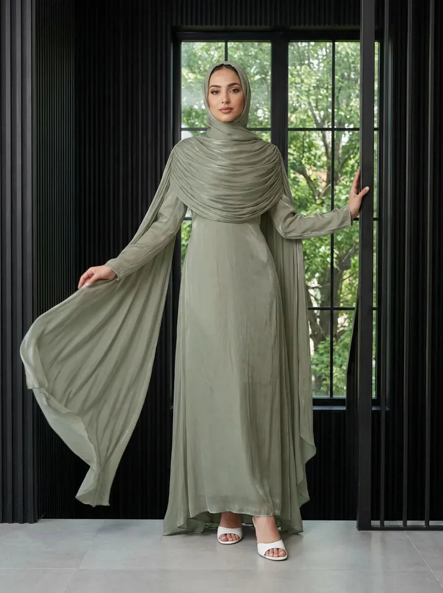 Ramadan Pleated Jalabiya Dubai Abaya Cloak Cape Evening Dresses for Women Muslim Hijab Set Turkey Kaftan Djellaba Islam Clothing