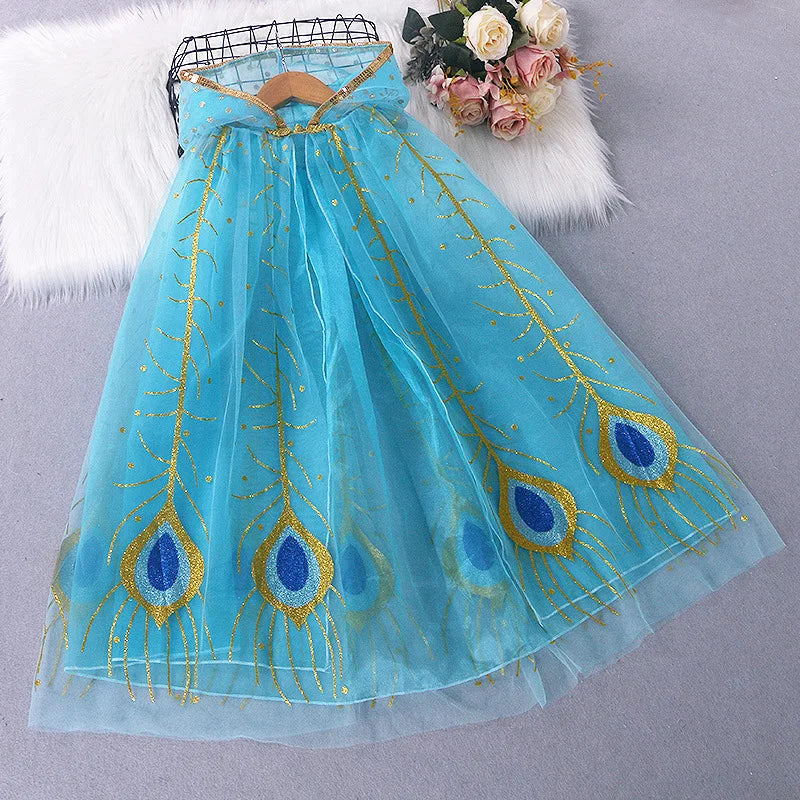Girl Princess Cloak Children Sequin Mesh Hooded Cape Elsa Rapunzel Costume Halloween Birthday Party Clothing