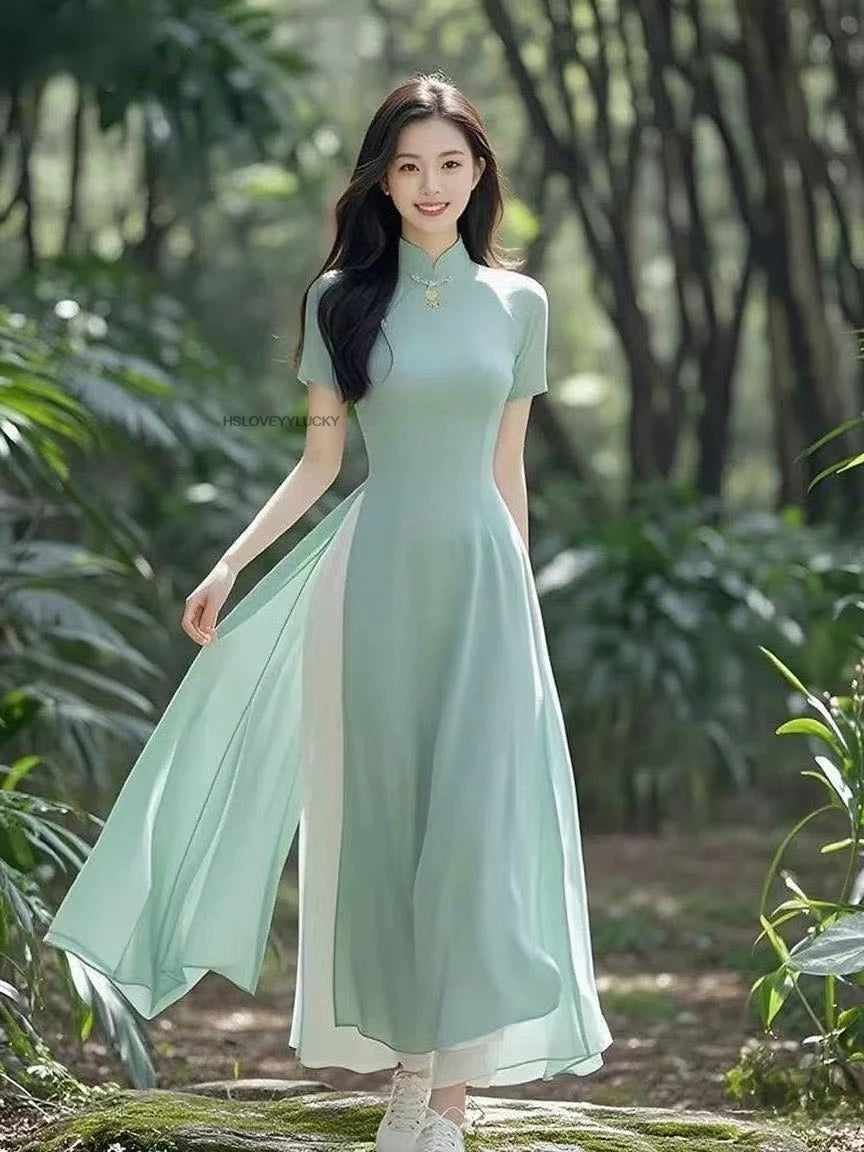 Women Aodai Vetnam Clothing Long Cheongsam Aodai Vietnamese Traditionally Dress Women Graceful Qipao Chiffon Ao Dai Dress